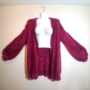 Kaari Blue Fuzzy Plum Colored Bishop Sleeve Cardigan With Pockets Size S